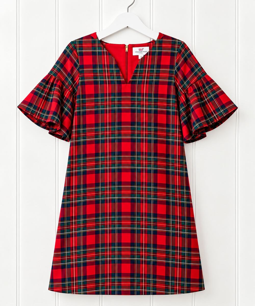 Vineyard Vines Plaid Shift Dress 4 Red Navy Short Sleeve Stretch Preppy